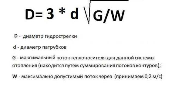 Formula for calculating the diameter of the hydraulic separator for a heating system depending on the maximum flow rate of the heating medium