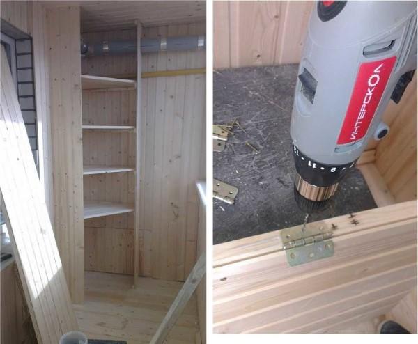 Stages of building a corner cupboard from wagon wood