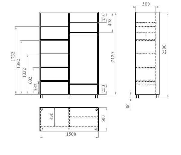 Another layout option for sliding doors (the depth of the shelves is less by the width of the bottom rail)