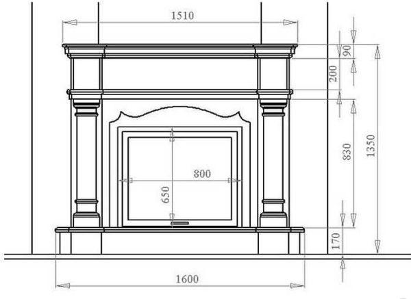 Drawing of a decorative fireplace with dimensions