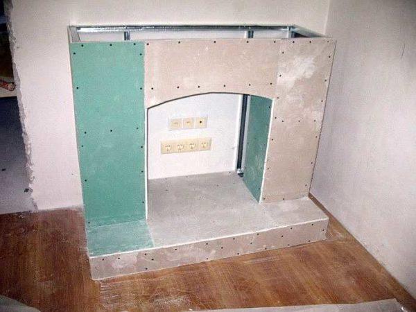 The frame for the false fireplace is lined with plasterboard