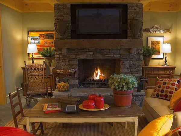 Stone-framed bio-fireplace. You can't tell the difference