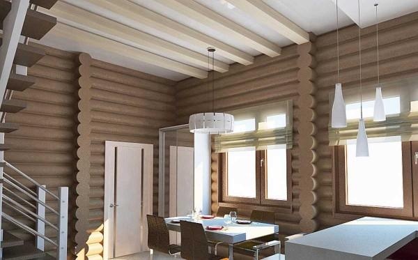 Interior finishing of a house made of cased logs in a modern style. Combination of light beams with unusual wall color, abundance of light - an interesting result