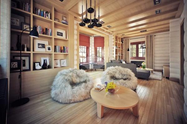 Interior of a wooden house. It feels relaxed and peaceful inside