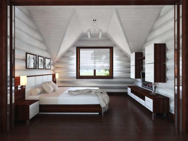 Whitewashed logs and dark trim, furniture in the same colors. The non-linear wagon ceiling creates an interesting visual effect