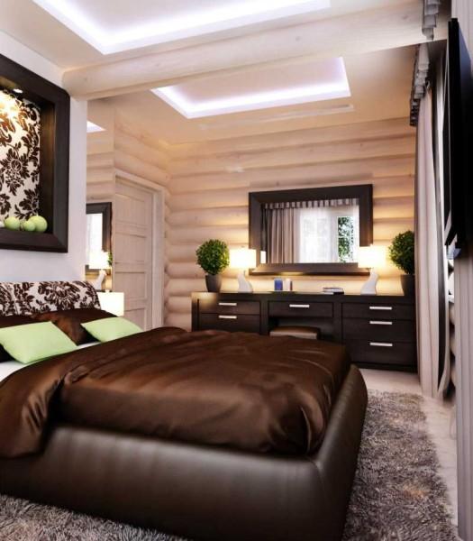 Inside a wooden house, the atmosphere is completely different. This is the basis for this variation, which is based on a wooden wall interior, complemented by textiles in the bedroom 