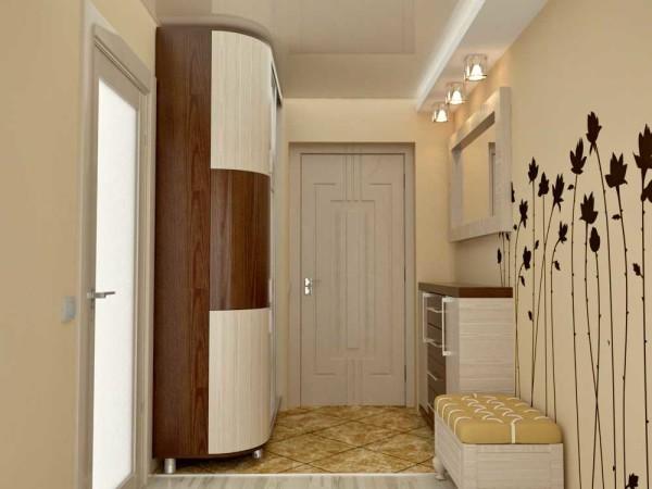 Unusual shape of the closet, soft tones of beige and brown range. The interior design of the hallway is soft and calm