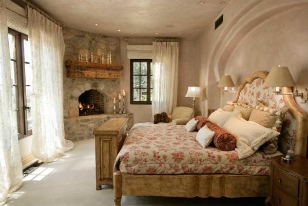 A bedroom with a fireplace. The mother-of-pearl on the walls and ceiling does not look good on the photo, but in real life it is simply mesmerizing 