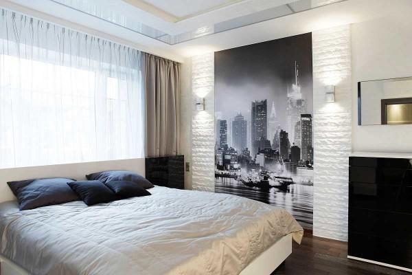 Another black and white bedroom option with a small addition of gold and beige colors