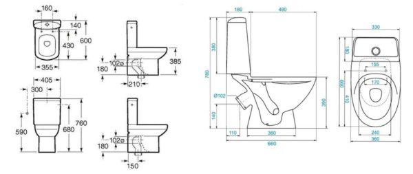 Dimensions of floor toilets with one-piece shelf 