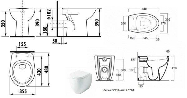 Dimensions of floor-mounted WCs without cisterns 