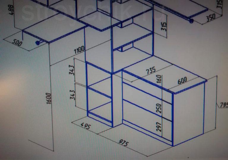 Drawing of the lower part of the dressing room with dimensions