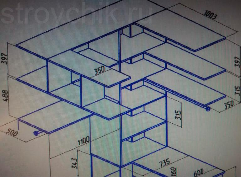 Drawing of the upper part of the dressing room with dimensions