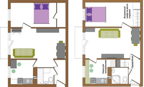 In this version of repair of a small-sized apartment not only moved the doors, but also partitions and united the bathroom