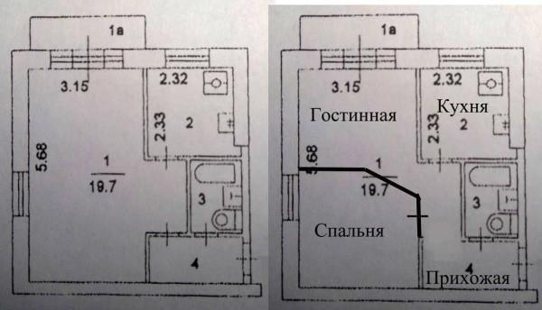 Example of converting a one-room apartment into a two-room apartment