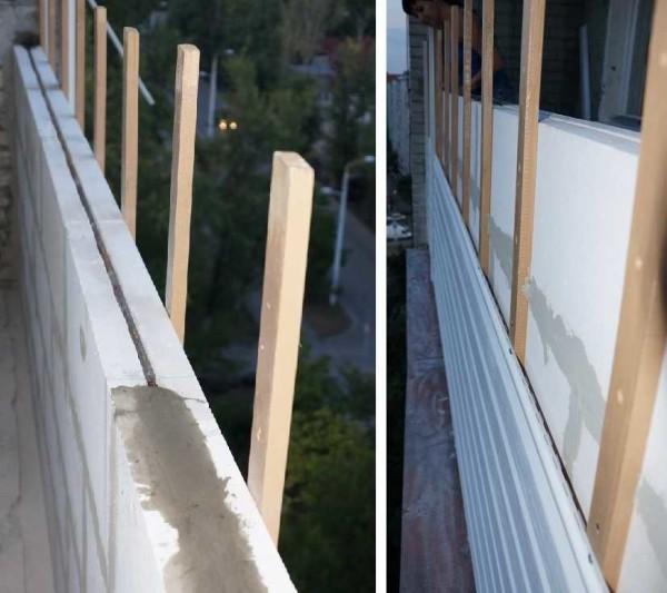 Partition on the balcony made of aerated concrete blocks. The reinforcement is visible (on the left side of the photo). At the same time, wooden strips were mounted on the outside, on which the gardening was fastened