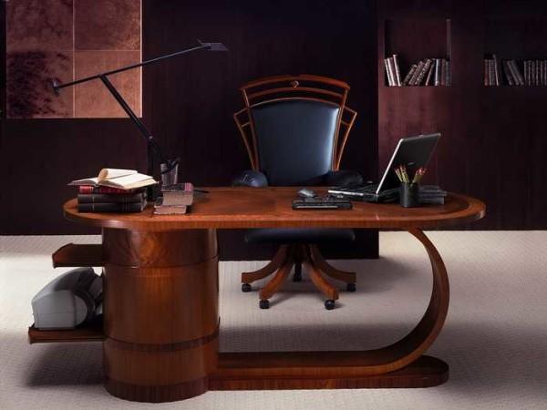 The unusual shape of the desk sets the tone for the entire workroom