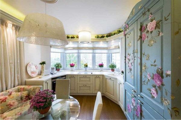 You can install floor kitchen cabinets in the bay window in the kitchen