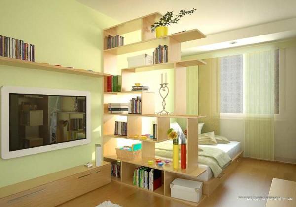 Separate the seating area with a shelving unit or cabinet