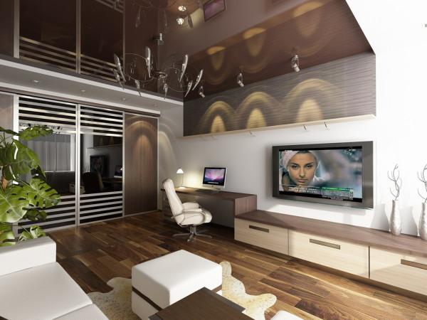 Design of one-room apartment in beige and brown colors. Successfully made ceiling, empty and dark color, visually makes the room spacious