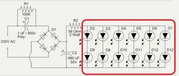 Diagram of LED lamp for 220 V