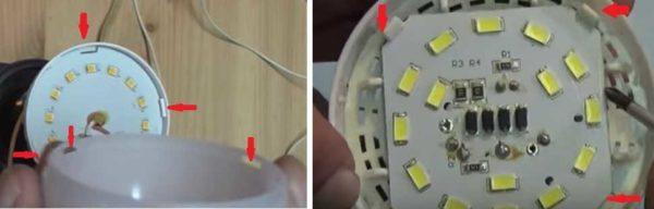 For the most part, the parts of the LED bulb are held in place by snaps