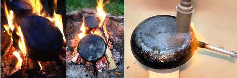 Burning off the soot from a cast iron skillet