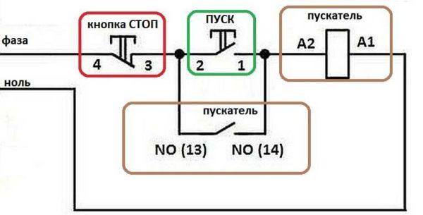 Wiring diagram of magnetic starter with 220 V coil and self pick-up circuit