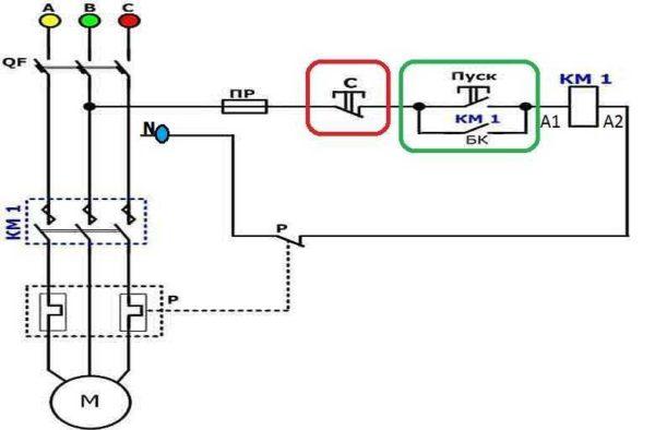 Wiring diagram of three-phase motor via 220 V starter