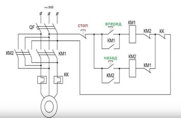 Reversible three-phase motor connection via magnetic starters 