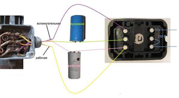 Wiring diagram of capacitor motor with two capacitors - working and starting capacitors