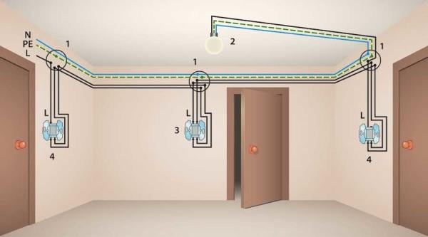 Wiring when controlling the lamp from three locations