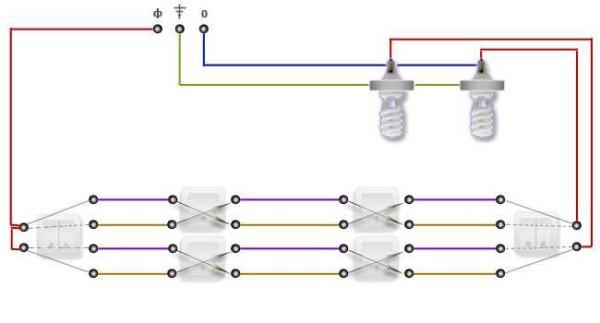 How to organize the control of two lamps from three or more locations