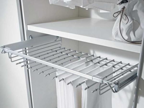 One option for filling a walk-in closet is a bracket for skirts or pants