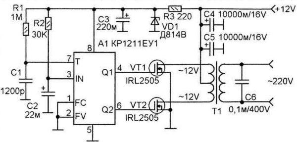 Schematic diagram of 12-220 V step-up converter