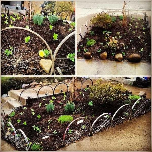 Old bicycle wheels can decorate your summer house. How? Use them to make a fence for a flower bed