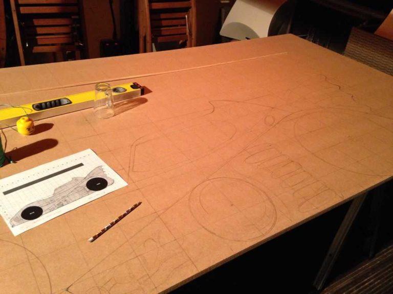 Drawing of bed parts on chipboard