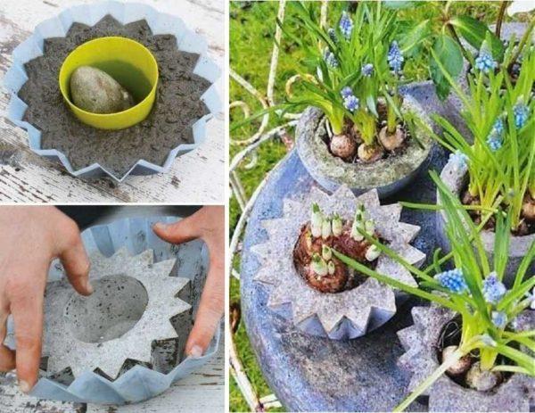 Concrete flowerpots made of plastic molds