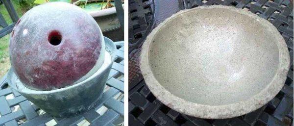 A metal bowl and a bowling ball make a great flower vase