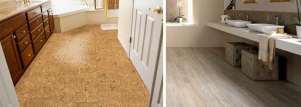 The bathroom floor in a wooden house can be made of cork or PVC tiles