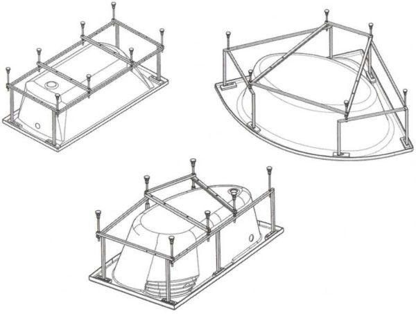 Example of frames for acrylic bathtubs of different shapes