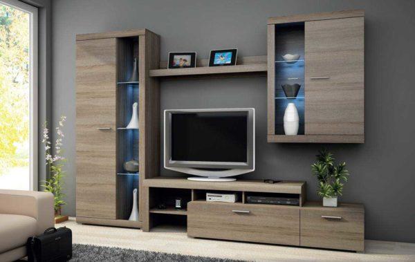 Inexpensive wall units in the living room are made of particleboard