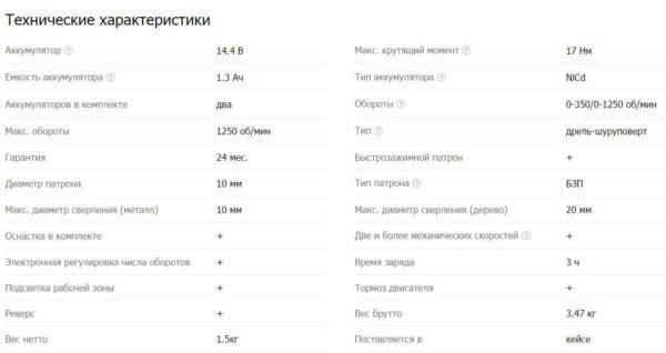 Example of screwdriver specifications