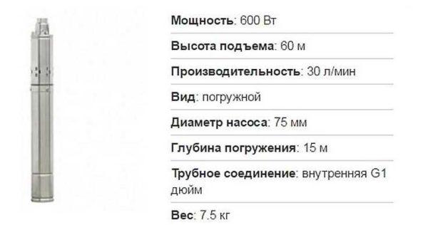 Short technical data of the well pump