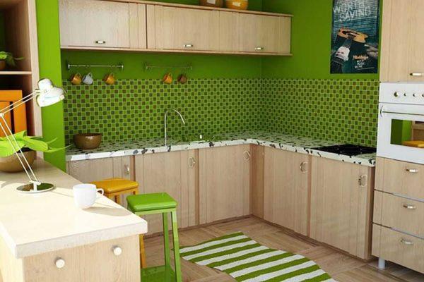  Brown kitchen front and green wall, different shade of accessories