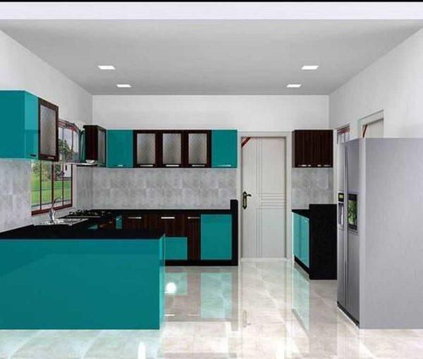 The unusual color is accentuated by black. The patterned glass on the cabinets makes the furniture not so massive