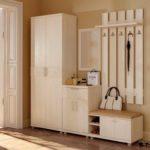 A traditional hallway set contains a small closet, a cabinet with a mirror and a coat rack