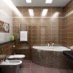 Large ceiling lights are necessary when using dark colors in the design: in a brown bathroom, you need a lot of light