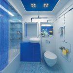 The blue color in the bathroom creates a nautical mood