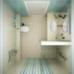 Bathroom design with toilet in beige colors, diluted with bluish inserts